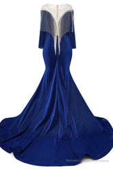 Deep V-neck Shiny Royal Blue Prom Dresses Long sleeves Mermaid Evening Party Dresses